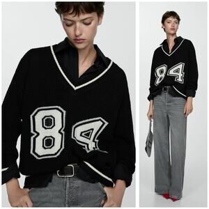 Mango Oversized V-Neck Sweater Size Small Jersey Style Knit 84 Racing